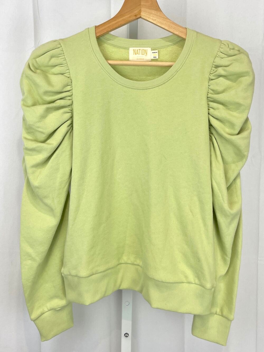 NATION Ltd Perla Gathered Puff Sleeve Pullover Terry Knit Top Green Size XS